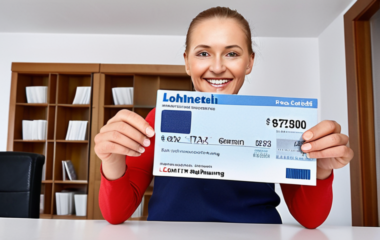 **
A Polish worker happily receiving a tax refund check, holding a "Lohnsteuerbescheinigung" (German tax card) in the background. Focus on joy and financial gain. The setting is a modern Polish home.
**