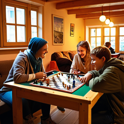 Home 6 **Image Prompt:** A cozy hostel common room in Germany, filled with diverse young travelers playing board games and chatting, highlighting the social aspect of budget travel and the international atmosphere. Emphasis on warm lighting and inviting decor.