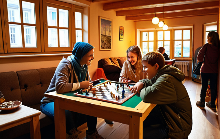 **Image Prompt:** A cozy hostel common room in Germany, filled with diverse young travelers playing board games and chatting, highlighting the social aspect of budget travel and the international atmosphere. Emphasis on warm lighting and inviting decor.