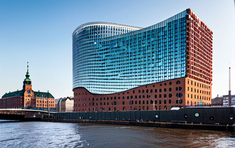 A majestic, iconic architectural masterpiece, the Elbphilharmonie in Hamburg, showcasing its striking contrast between the historic, red-brick base and the futuristic, wave-like glass superstructure. The intricate glass facade dynamically reflects the sky and the Elbe River, creating a sense of movement and grandeur. The building stands prominently against a clear sky, with the bustling Hamburg port and distant city skyline visible in the background. Professional architectural photography, high resolution, sharp focus, detailed textures, natural lighting, safe for work, appropriate content, fully clothed, professional.